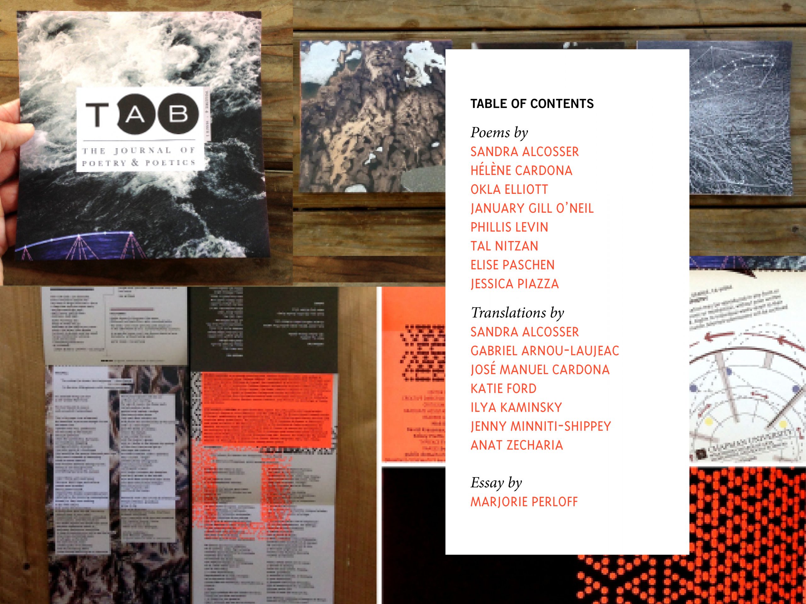 collage of the issue that starts out square and unfolds into four panels and he table of contents lists 16 contributors across poems, translations, and an essay