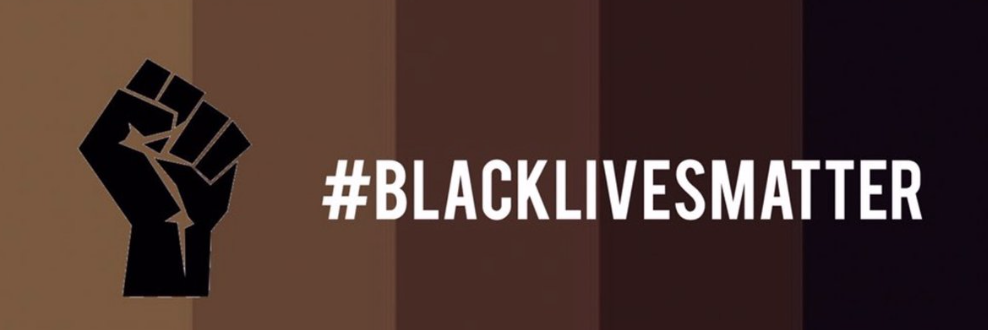 black fist with #BlackLivesMatter against a background of brown and black stripes