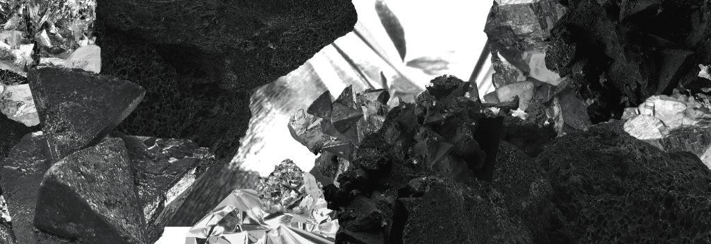 Image of black and white collage of foil, volcanic rock, and silver minerals