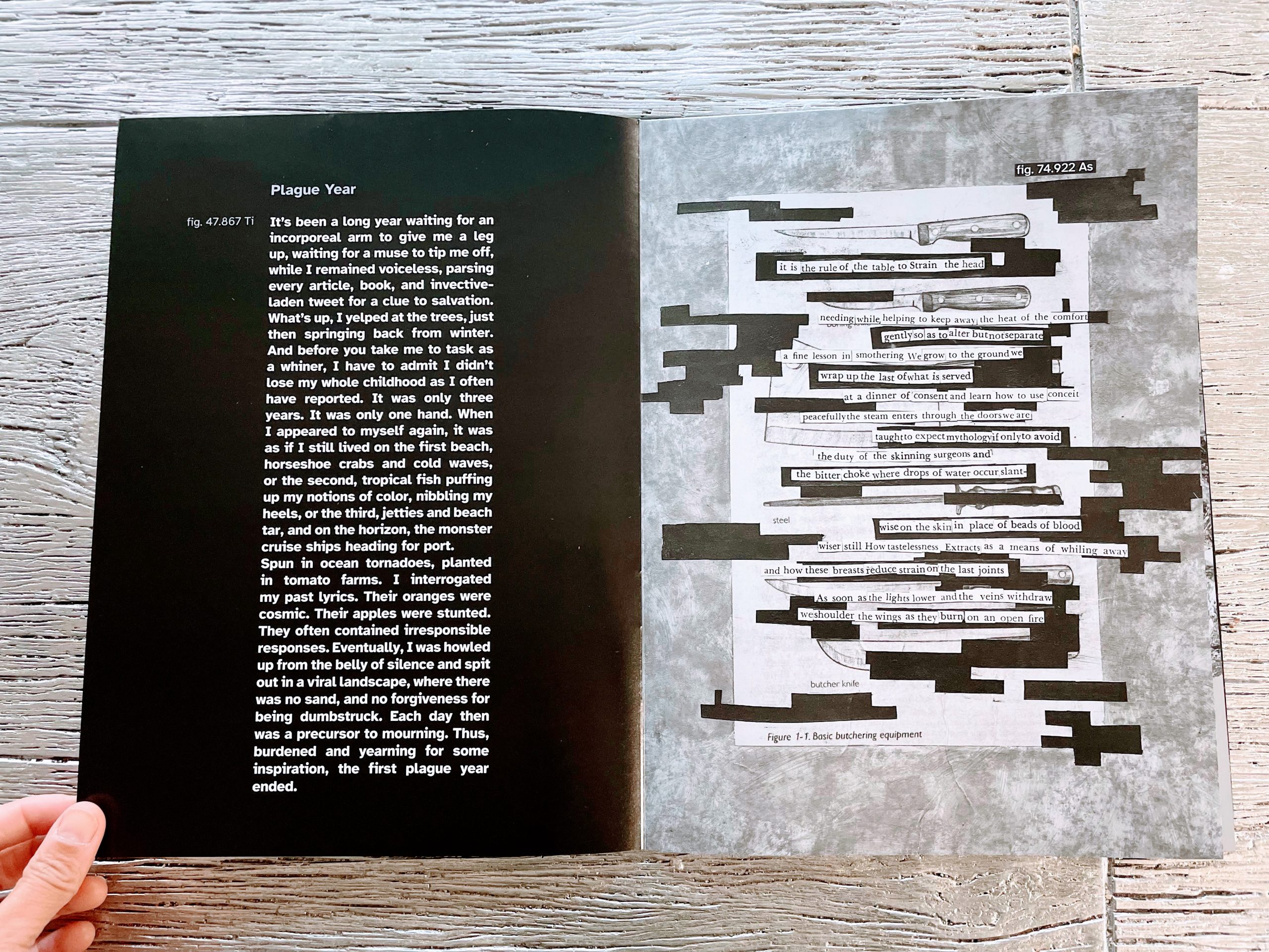 hand ready to turn facing pages with white text on black on left page and erasure poem on right