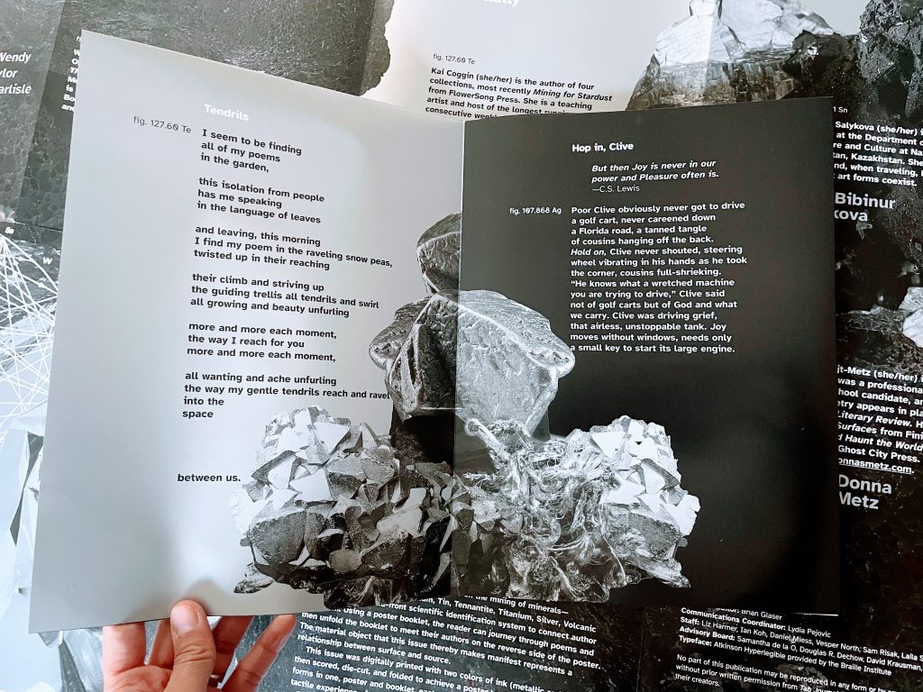 Open pages showing a collage of gems and rocks printed with sliver metallic and black ink featuring two poems