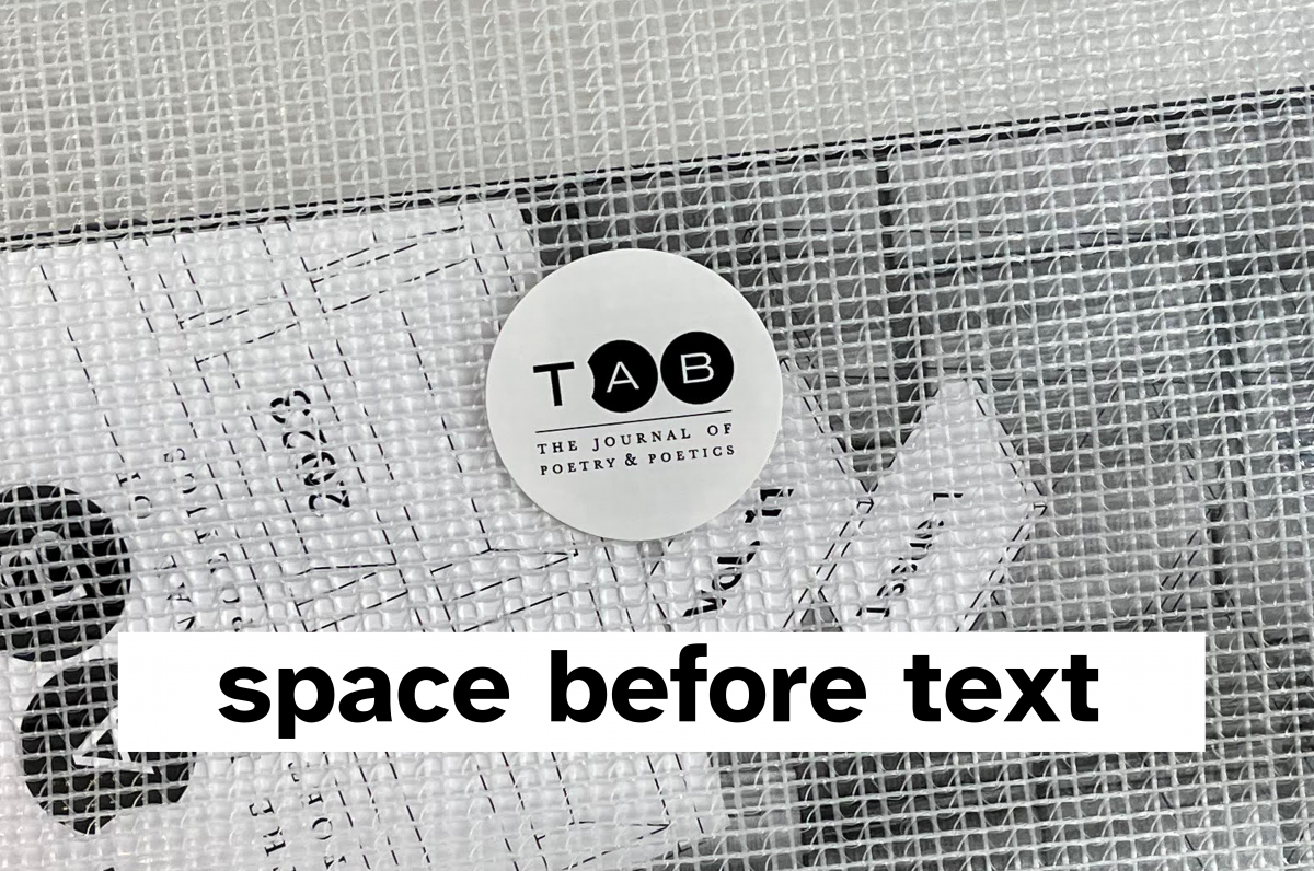 Closeup of printed journal in a gridded zipper pouch. "Space before text" label placed on top of image-