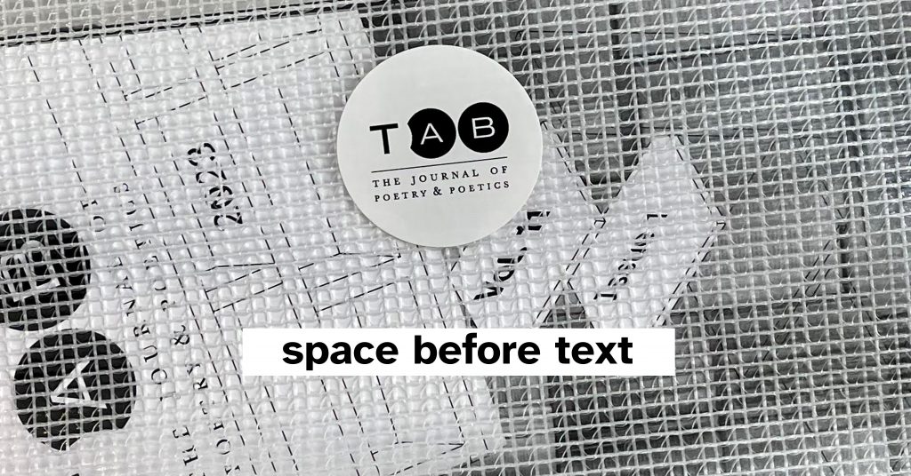 Closeup of printed journal in a gridded zipper pouch. "Space before text" label placed on top of image-