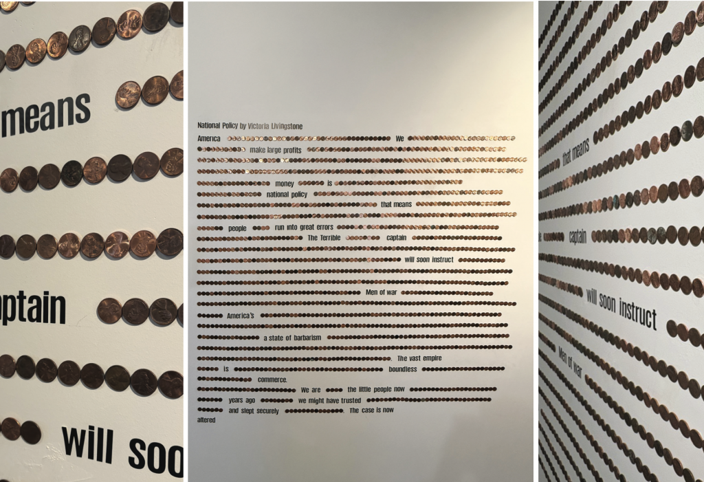 Copper pennies placed in a grid on a wall with oversized black block letters and numbers.